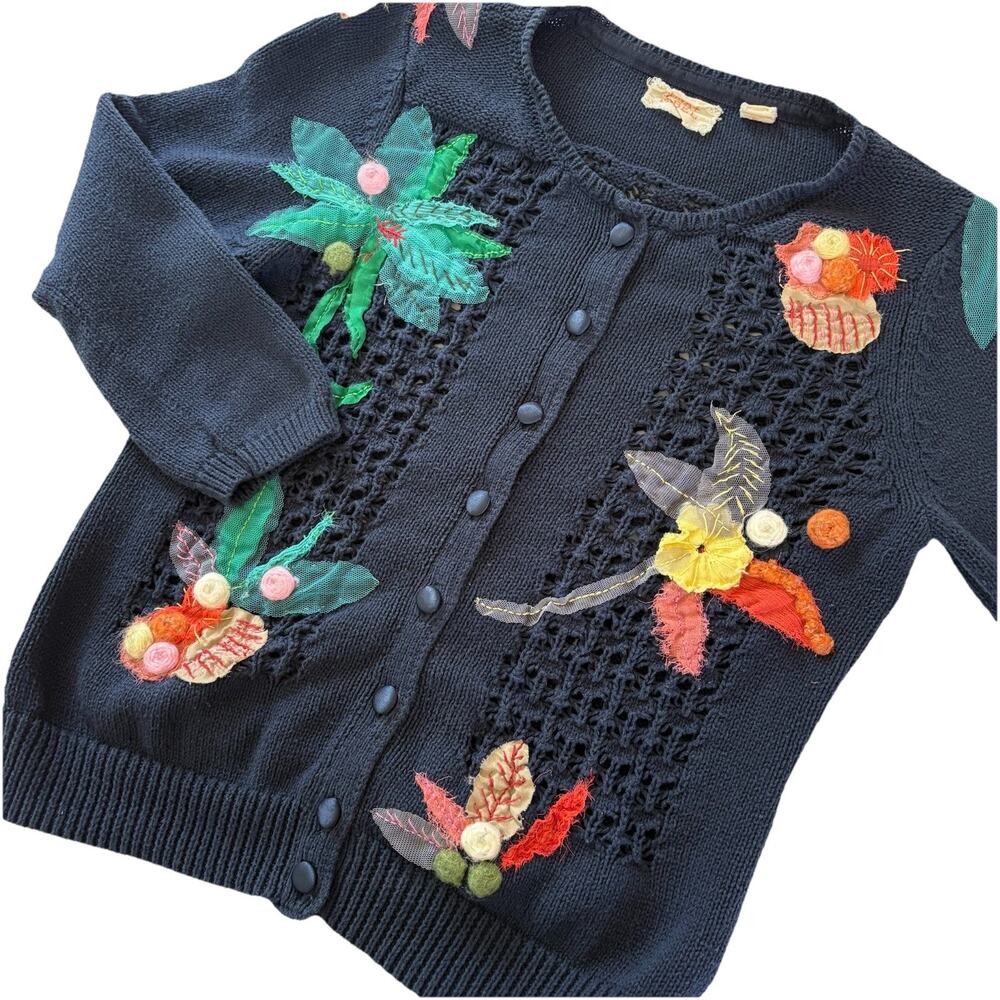 Mona + Mabel Anthropologie Blue Embroidered Floral Cardigan Sweater Medium